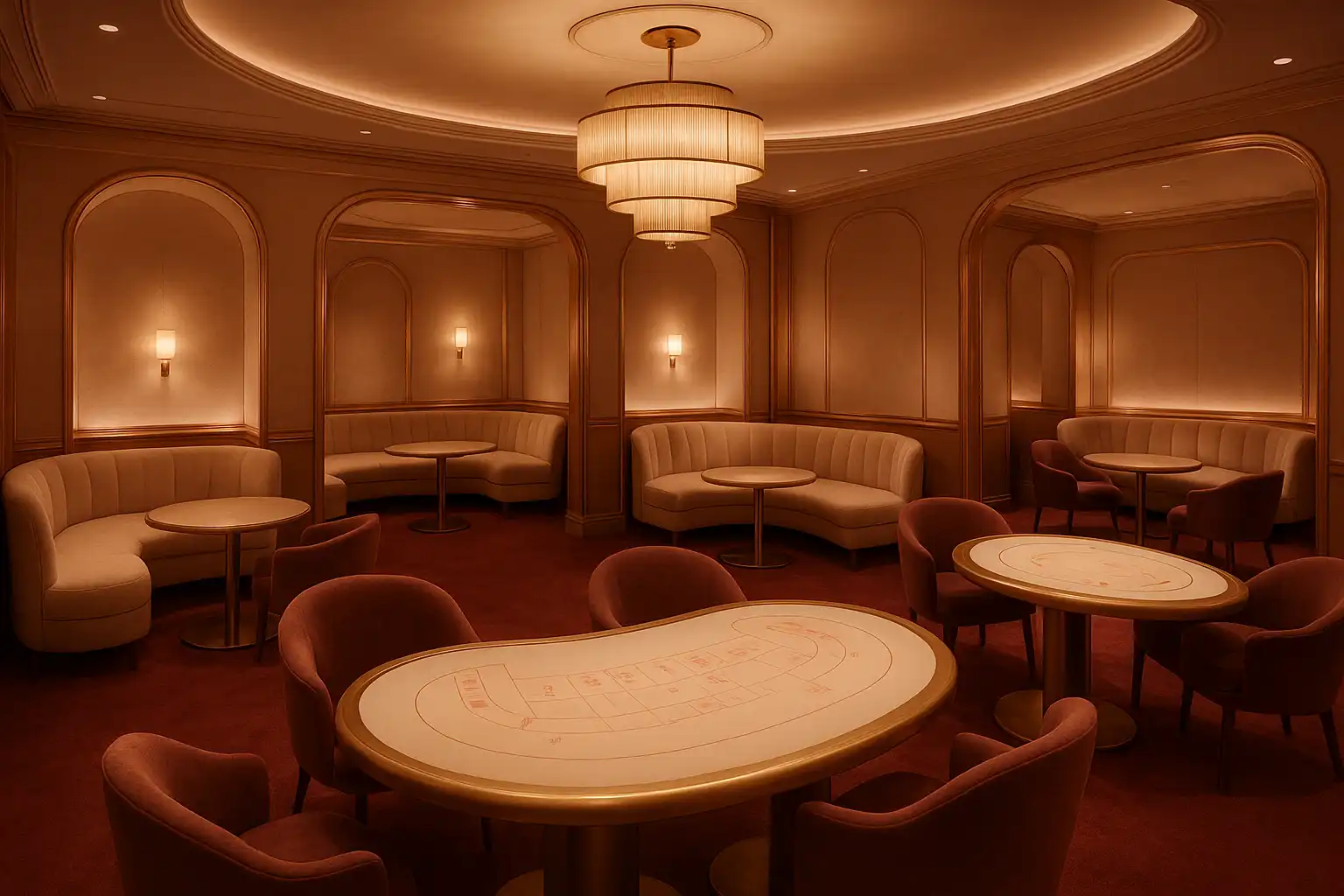 Elegant rose gold casino lounge interior with soft ambient lighting