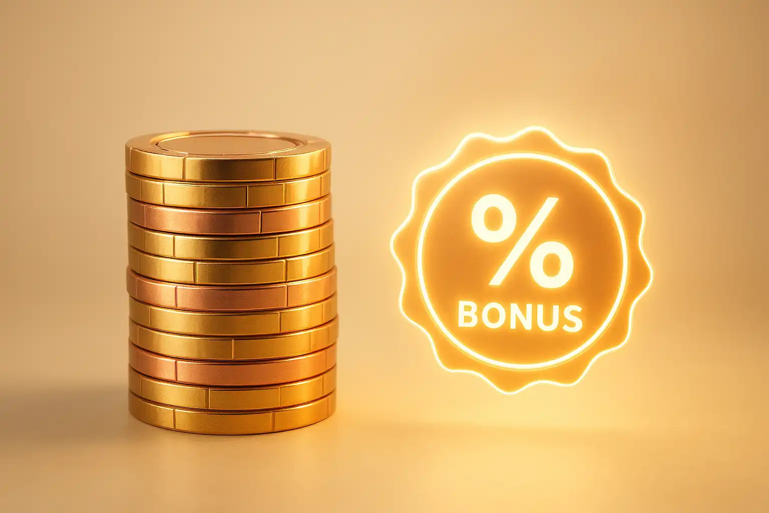 Stack of golden casino chips beside a glowing bonus percentage badge