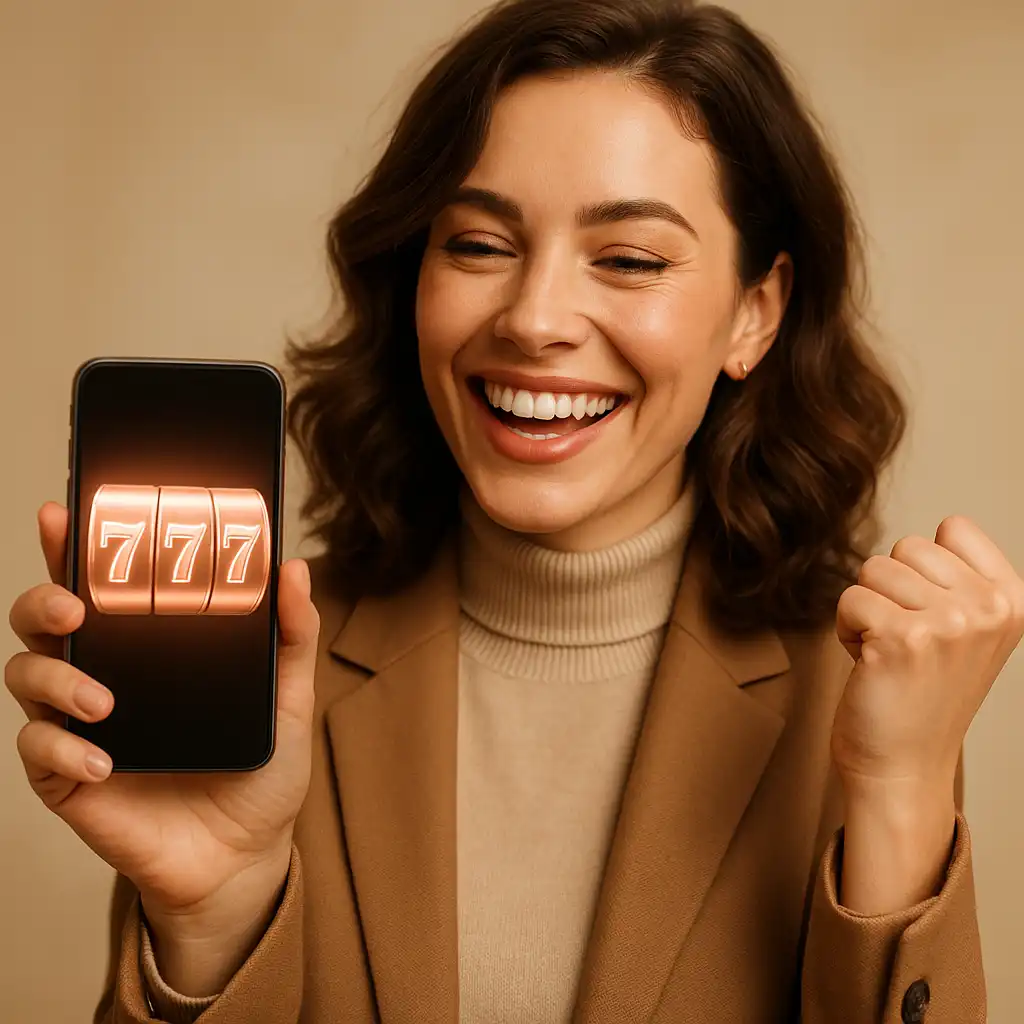 Smiling player celebrating a slot win on a glowing rose gold casino reel