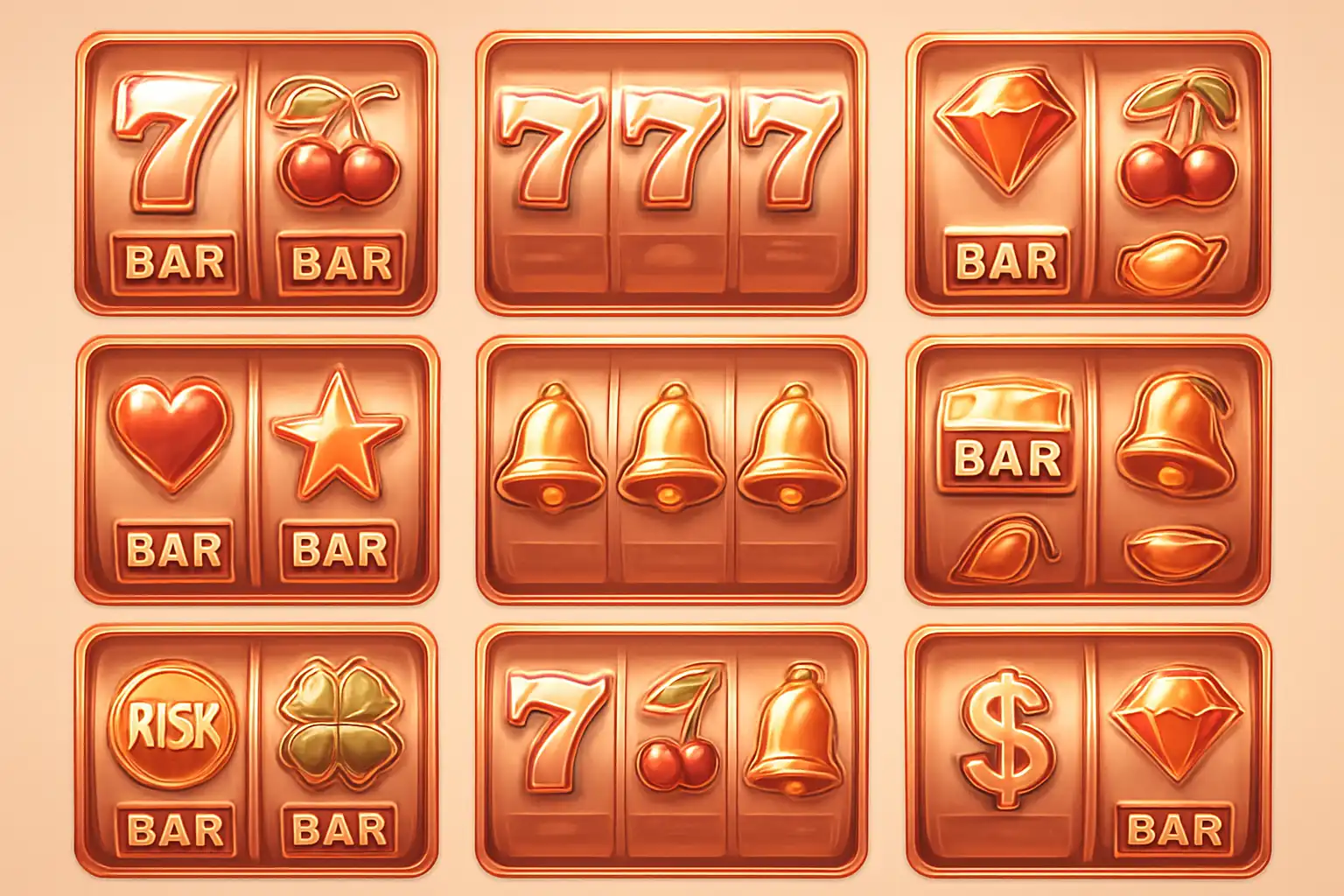 Collage of colorful slot machine reels glowing in rose gold light